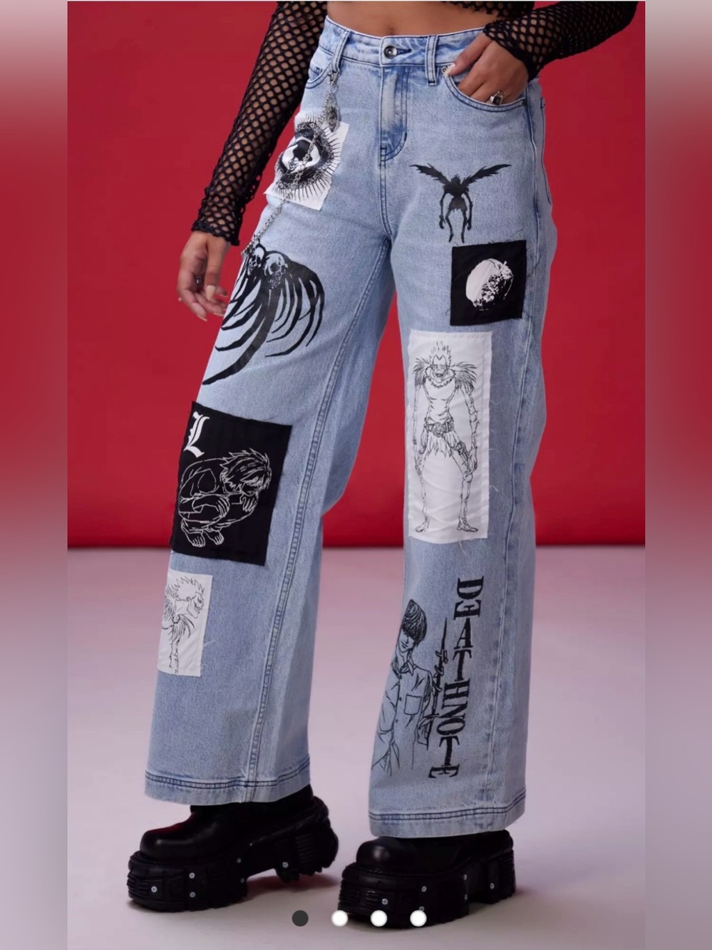 Death Note Patch Chain Wide Leg Jeans Light Wash Anime Hot Topic